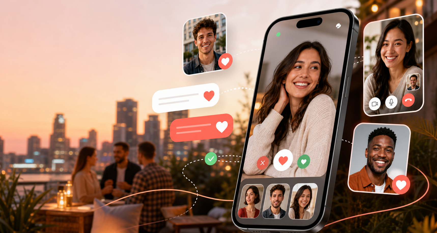 Dating site guide with online chat, video interaction, and real connection visuals