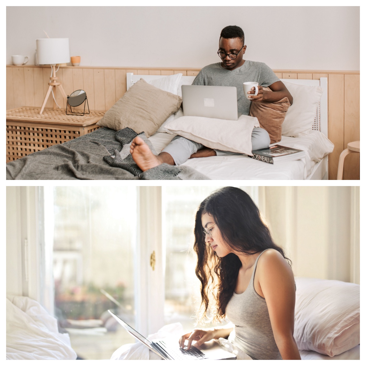 People practicing online chat on laptop in bedroom for social confidence