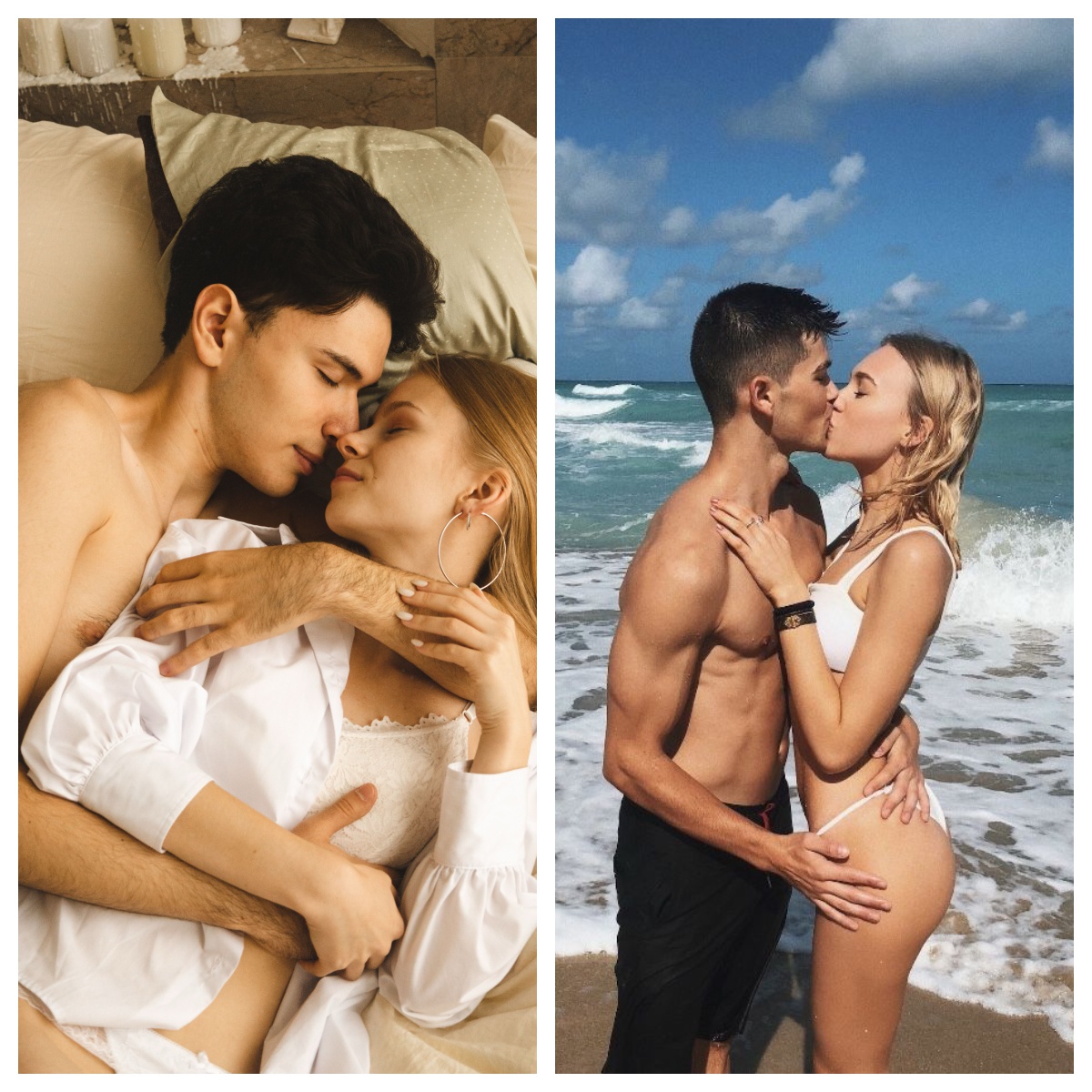 Couples in intimate and beach settings showing real dating success after chat practice
